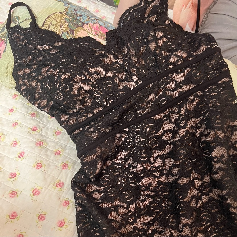 Elegant Sparkling Black Nude Lace Slip Style Dress